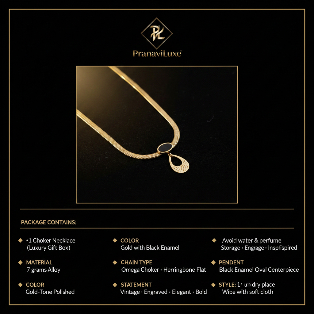 PranaviLuxe Gold Omega Choker Black Enamel Teardrop Necklace Infographic