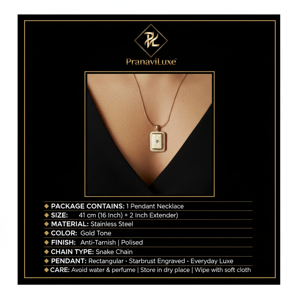 PranaviLuxe Gold Rectangular Starburst Pendant Snake Chain Necklace Infographic