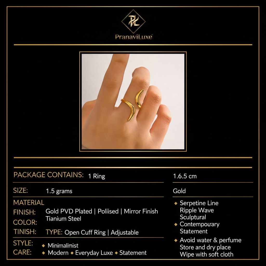 PranaviLuxe Gold Serpentine Ripple Wave Open Cuff Ring Infographic