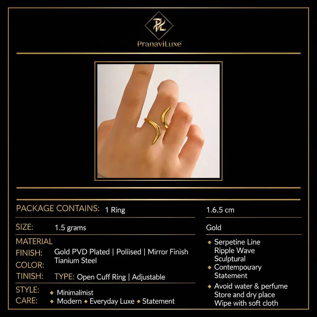 PranaviLuxe Gold Serpentine Ripple Wave Open Cuff Ring Infographic