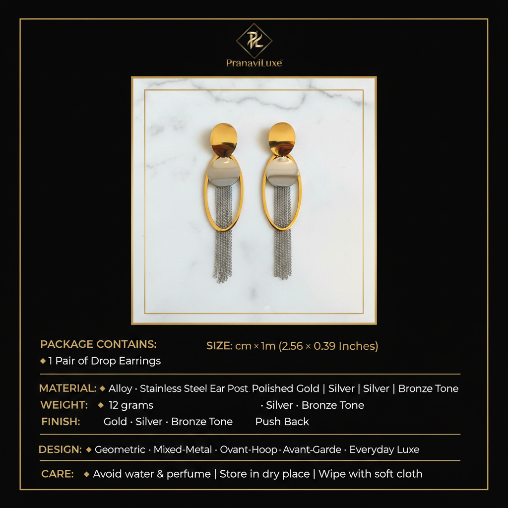 PranaviLuxe Gold Silver Mixed-Metal Geometric Tassel Chain Drop Earrings Infographic