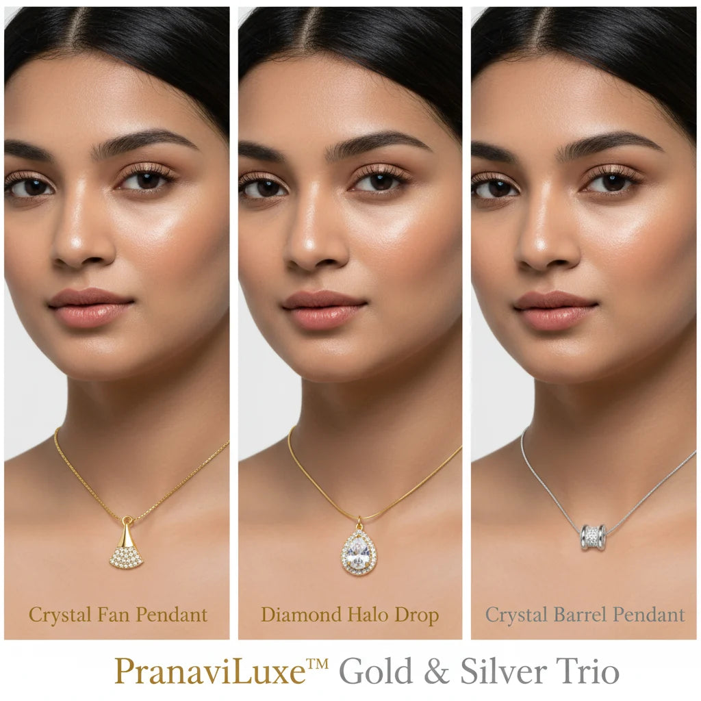 Three vertical panels show a woman modeling three necklace pendants against a light gray background, labeled Crystal Fan Pendant, Diamond Halo Drop, and Crystal Barrel Pendant. Text at the bottom reads PranaviLuxe Gold & Silver Trio.