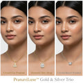 Three vertical panels show a woman modeling three necklace pendants against a light gray background, labeled Crystal Fan Pendant, Diamond Halo Drop, and Crystal Barrel Pendant. Text at the bottom reads PranaviLuxe Gold & Silver Trio.