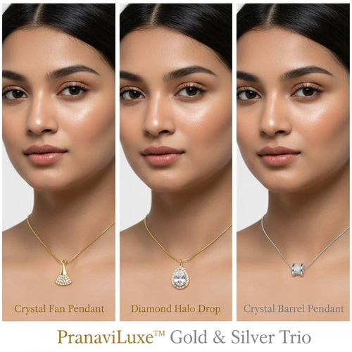 Three vertical panels show a woman modeling three necklace pendants against a light gray background, labeled Crystal Fan Pendant, Diamond Halo Drop, and Crystal Barrel Pendant. Text at the bottom reads PranaviLuxe Gold & Silver Trio.