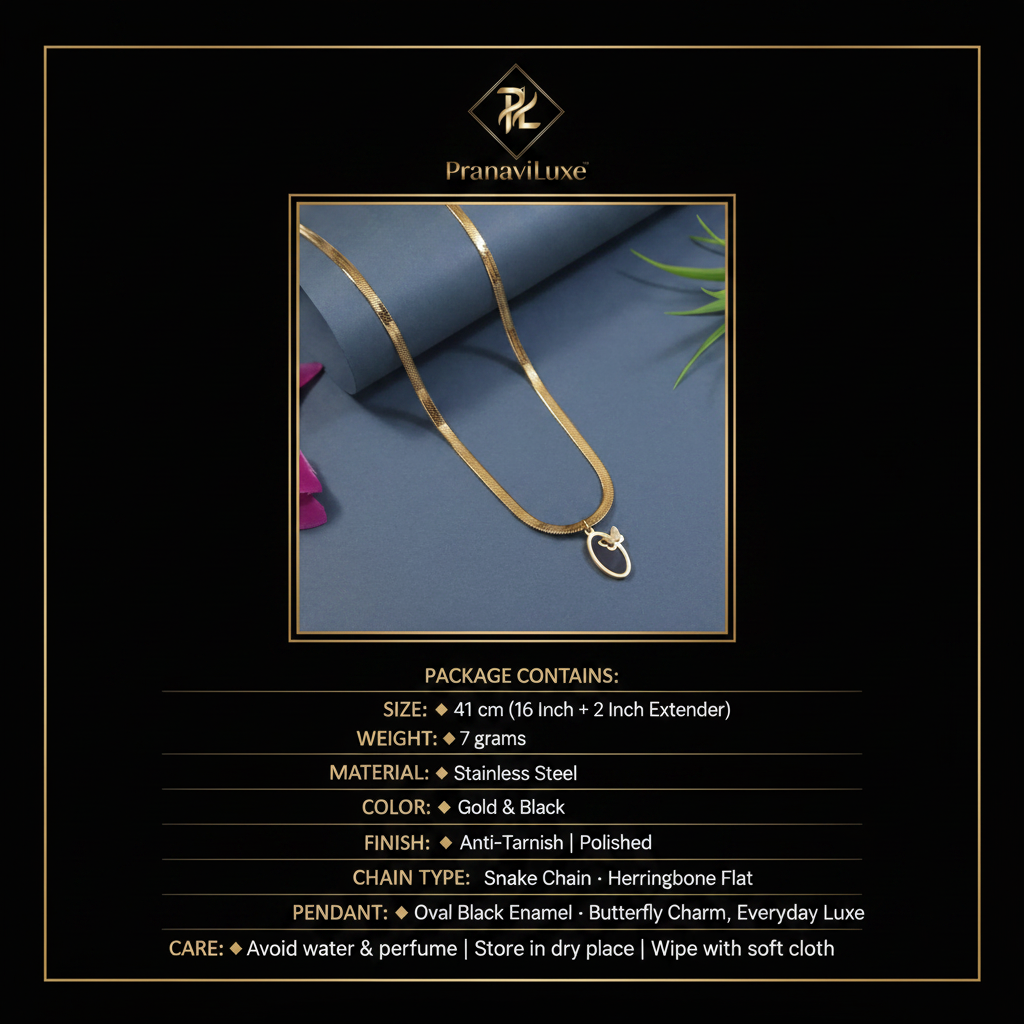 PranaviLuxe Gold Snake Chain Butterfly Black Enamel Pendant Necklace Infographic