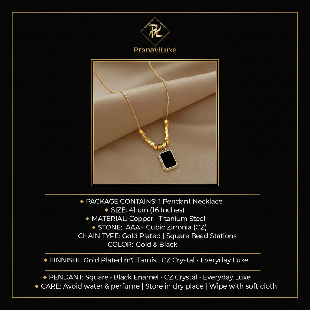 PranaviLuxe Gold Square Bead Black CZ Pendant Necklace Infographic