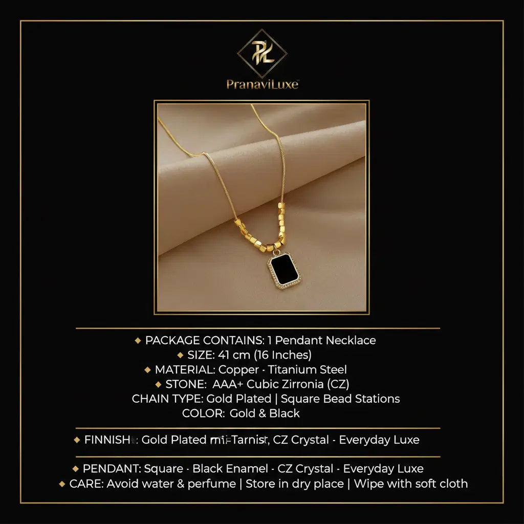 PranaviLuxe Gold Square Bead Black CZ Pendant Necklace Infographic