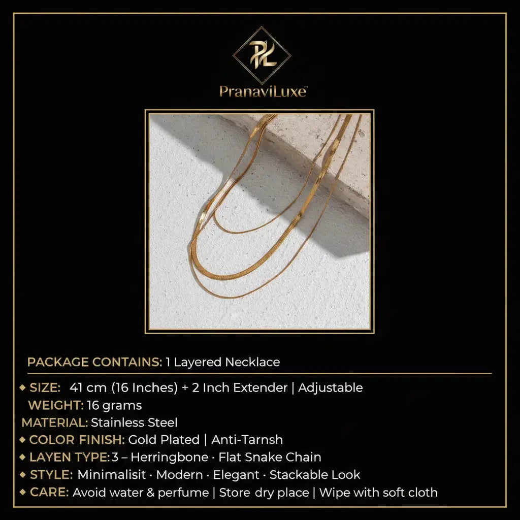 PranaviLuxe Gold Triple Layer Herringbone Snake Chain Necklace Infographic