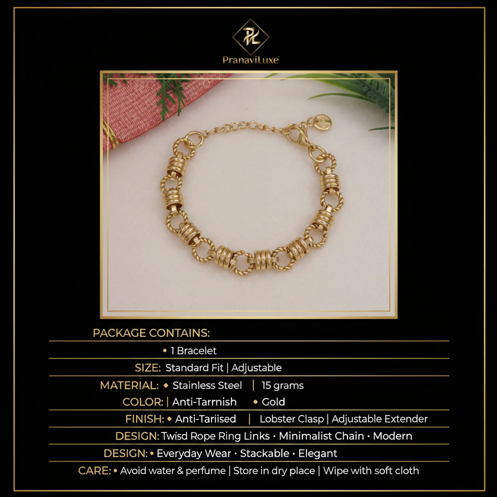 PranaviLuxe Gold Twisted Ring Link Chain Bracelet Infographic