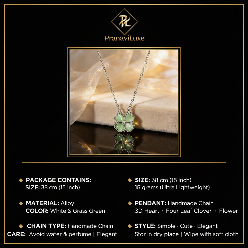PranaviLuxe Green Cat's Eye Four Leaf Clover Necklace Infographic