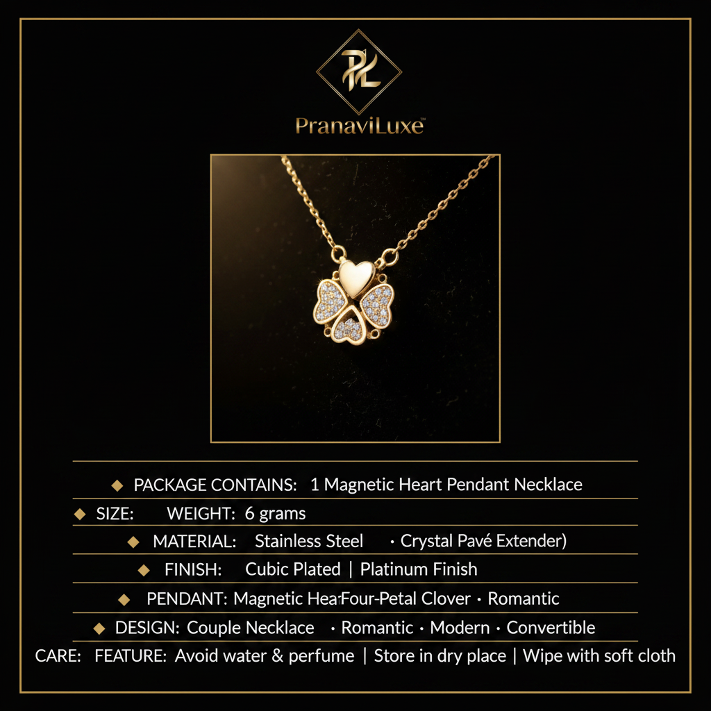PranaviLuxe Magnetic Heart Clover Crystal Pendant Necklace Infographic