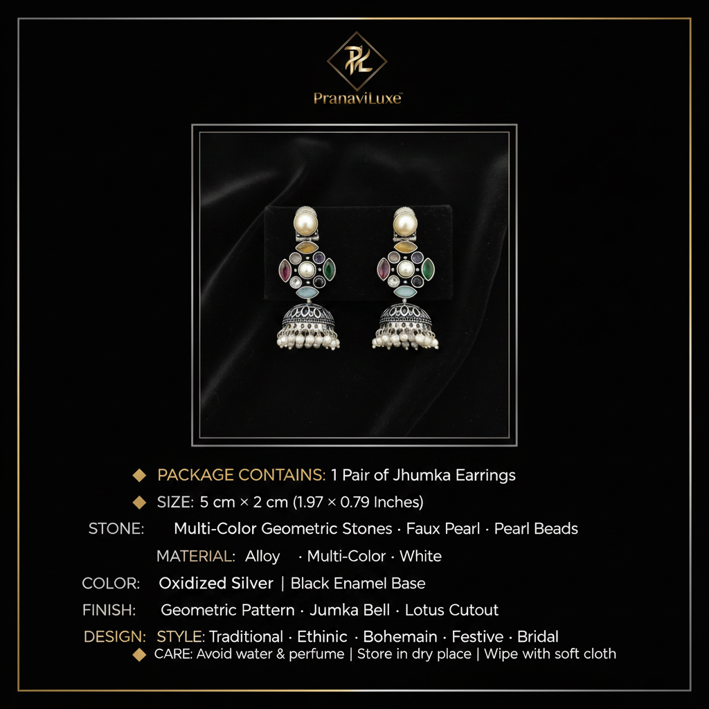 PranaviLuxe Oxidized Silver Multi-Color Geometric Jhumka Earrings Infographic