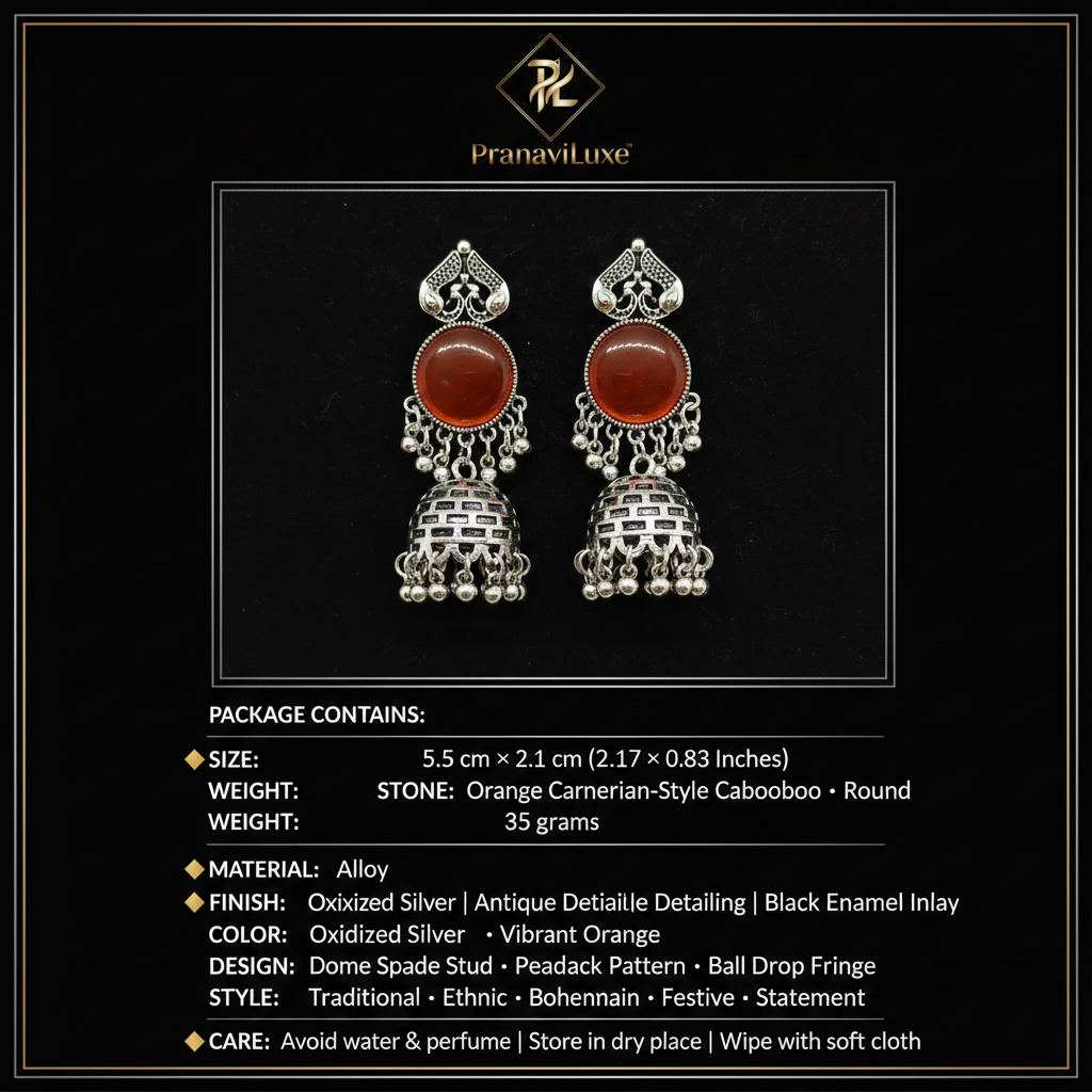 PranaviLuxe Oxidized Silver Orange Stone Peacock Filigree Dome Jhumka Earrings Infographic