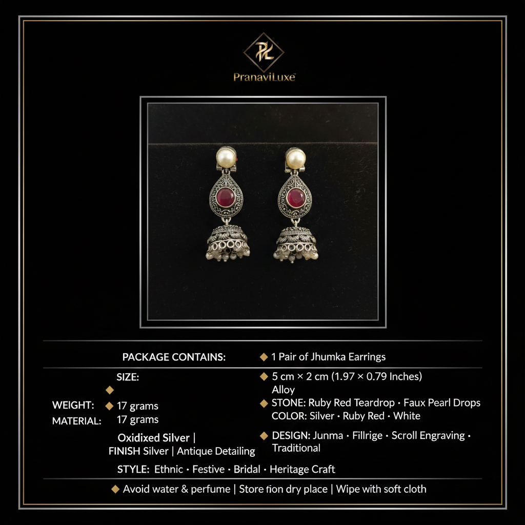 PranaviLuxe Oxidized Silver Ruby Red Jhumka Earrings Infographic
