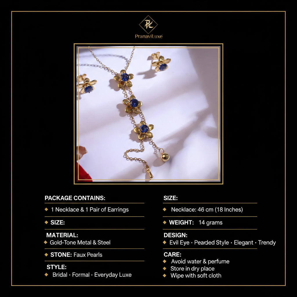 PranaviLuxe Pearl Evil Eye Layered Necklace & Earrings Infographic