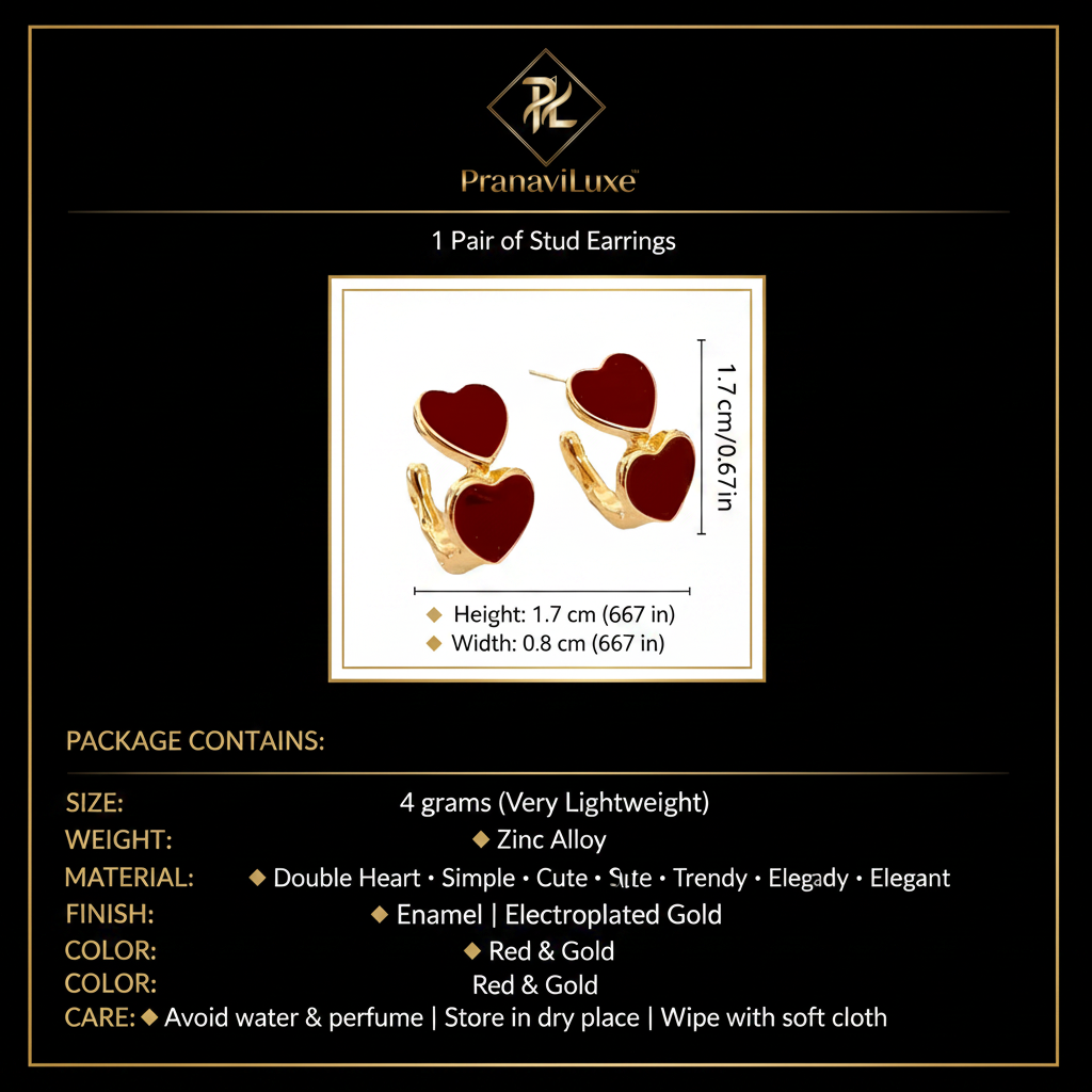 PranaviLuxe Red Enamel Double Heart Stud Earrings Infographic
