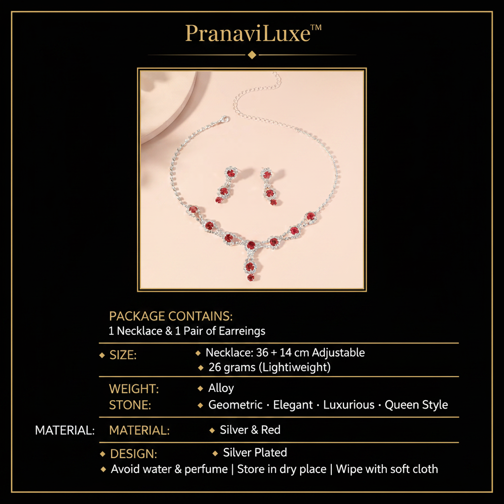 PranaviLuxe Red Rhinestone Queen Style Jewelry Set Infographic