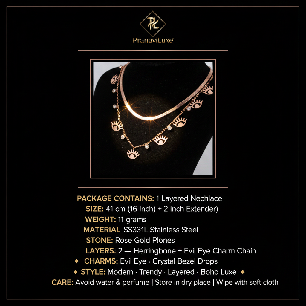 PranaviLuxe Rose Gold Evil Eye Layered Necklace Infographic