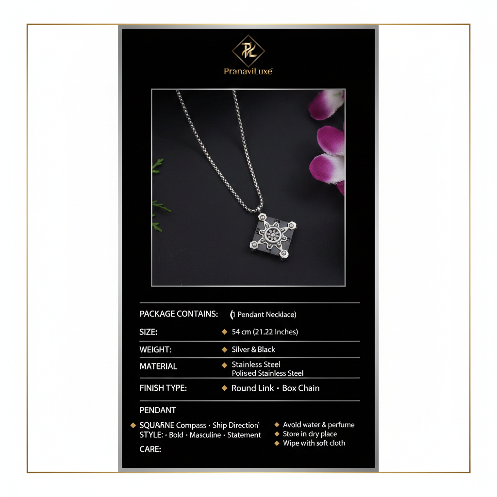 PranaviLuxe Silver Compass Ship Wheel Pendant Necklace Infographic