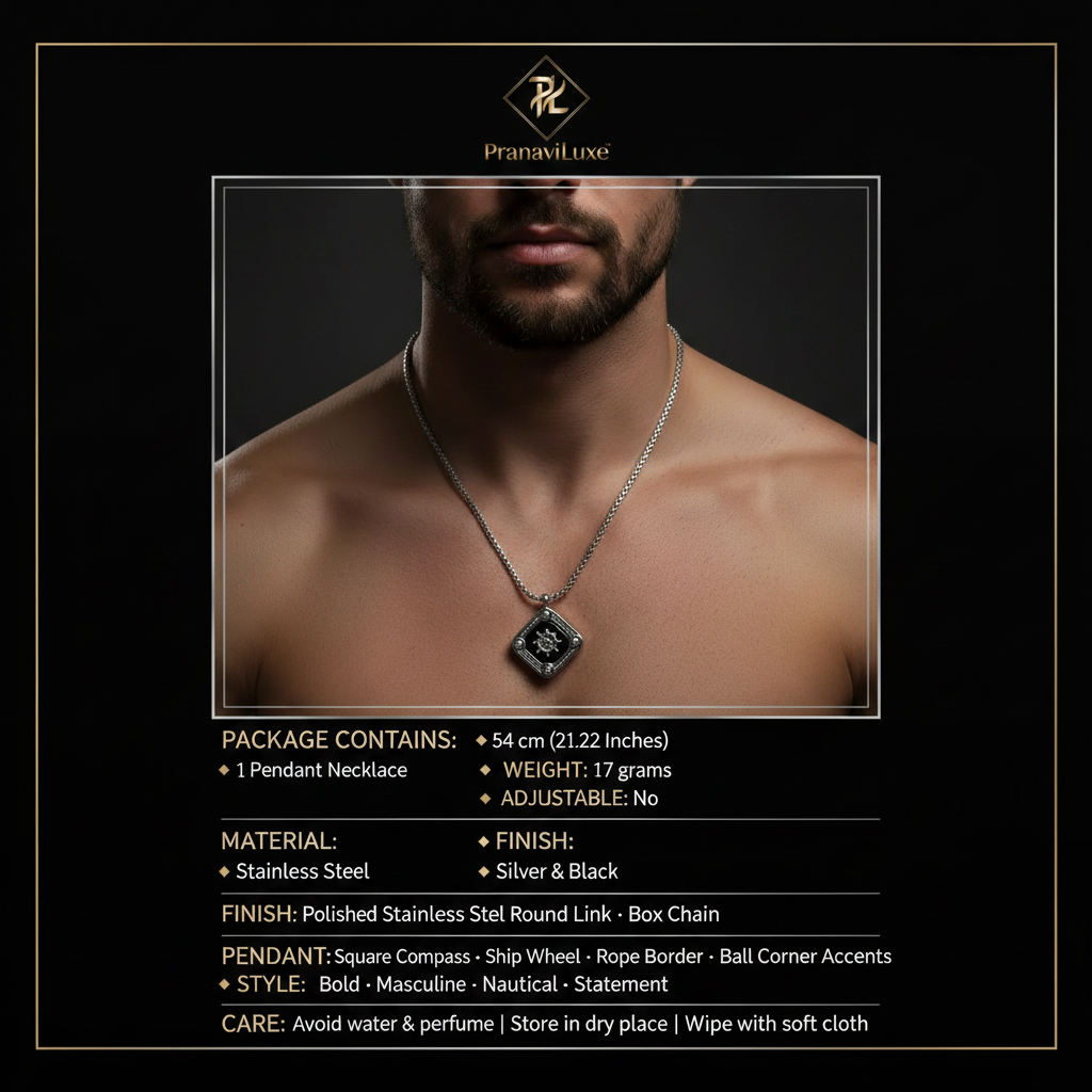 PranaviLuxe Silver Compass Ship Wheel Pendant Necklace Model Shot Infographic