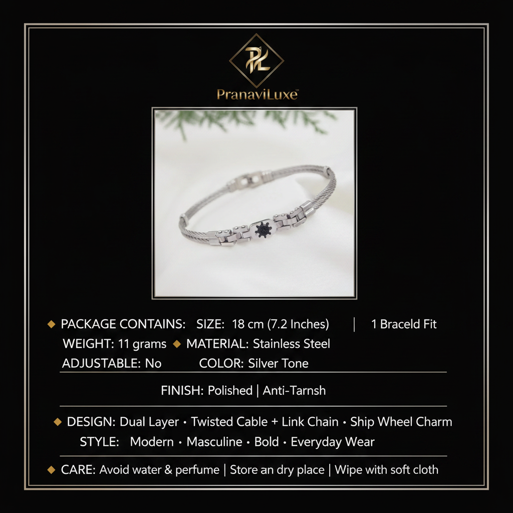 PranaviLuxe Silver Dual Layer Cable Link Ship Wheel Bracelet Infographic