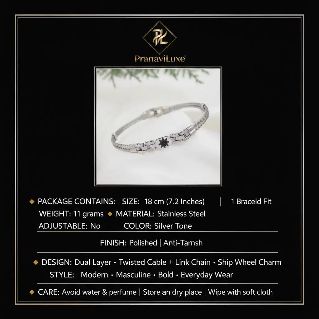 PranaviLuxe Silver Dual Layer Cable Link Ship Wheel Bracelet Infographic