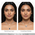 Side-by-side comparison of a model wearing two layered silver necklaces from PranaviLuxe Silver Duo. The left necklace is labeled 'Pearl & Stone Layer' with a dark oval pendant, and the right necklace is labeled 'Crystal Barrel Pendant' with a square crystal-encrusted silver pendant.