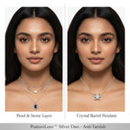 Side-by-side comparison of a model wearing two layered silver necklaces from PranaviLuxe Silver Duo. The left necklace is labeled 'Pearl & Stone Layer' with a dark oval pendant, and the right necklace is labeled 'Crystal Barrel Pendant' with a square crystal-encrusted silver pendant.