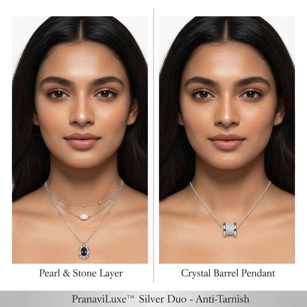 Side-by-side comparison of a model wearing two layered silver necklaces from PranaviLuxe Silver Duo. The left necklace is labeled 'Pearl & Stone Layer' with a dark oval pendant, and the right necklace is labeled 'Crystal Barrel Pendant' with a square crystal-encrusted silver pendant.
