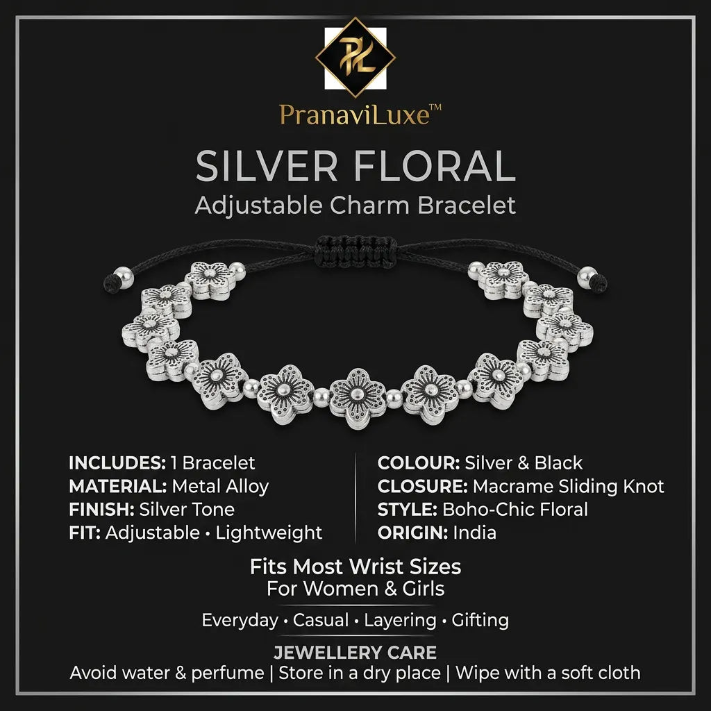 Silver Floral Macrame Sliding Cord Bracelet