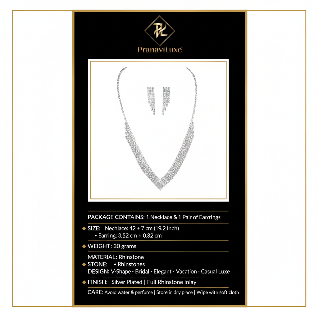 PranaviLuxe V-Shape Rhinestone Bridal Jewelry Set Infographic