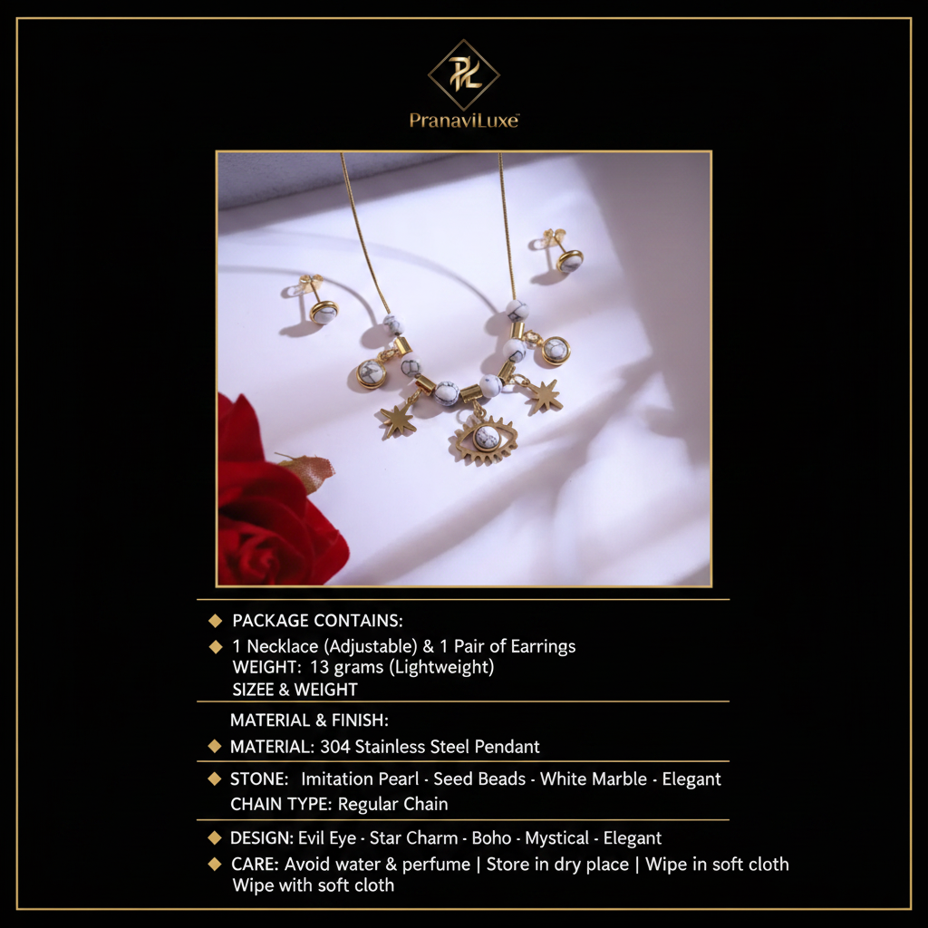 PranaviLuxe White Marble Evil Eye Charm Necklace Set Infographic