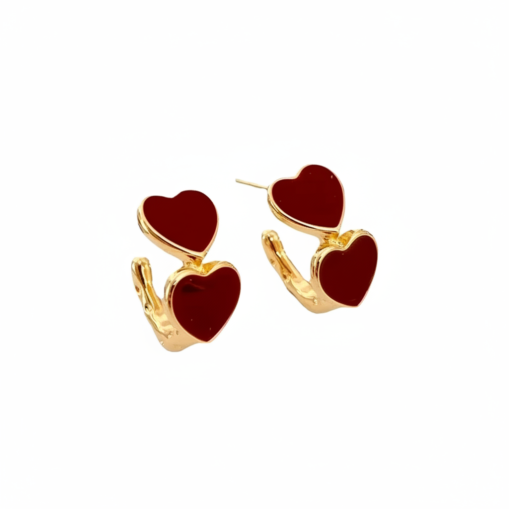 Red Enamel Double Heart Earrings - White Background