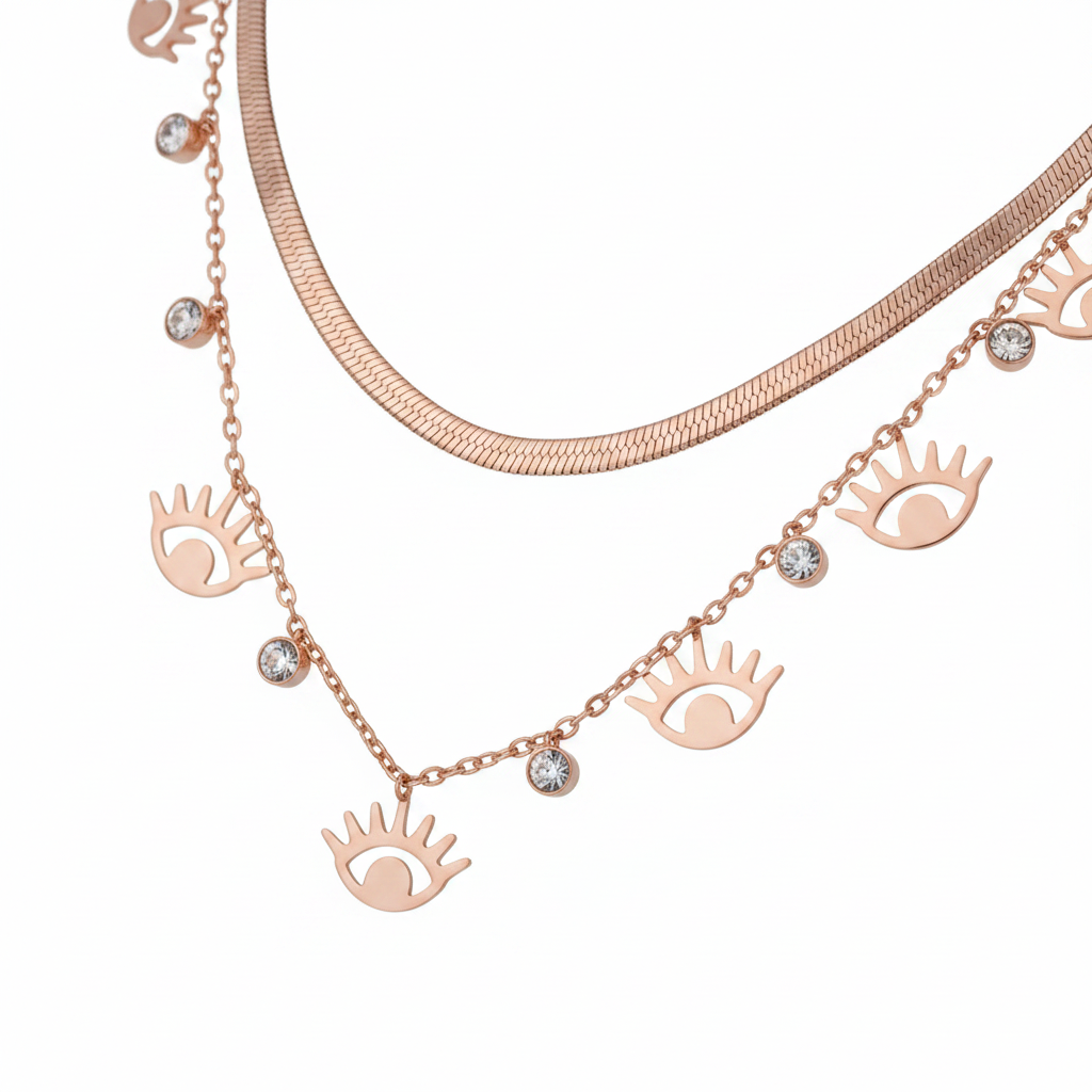 Rose Gold Evil Eye Layered Necklace Set - White Background