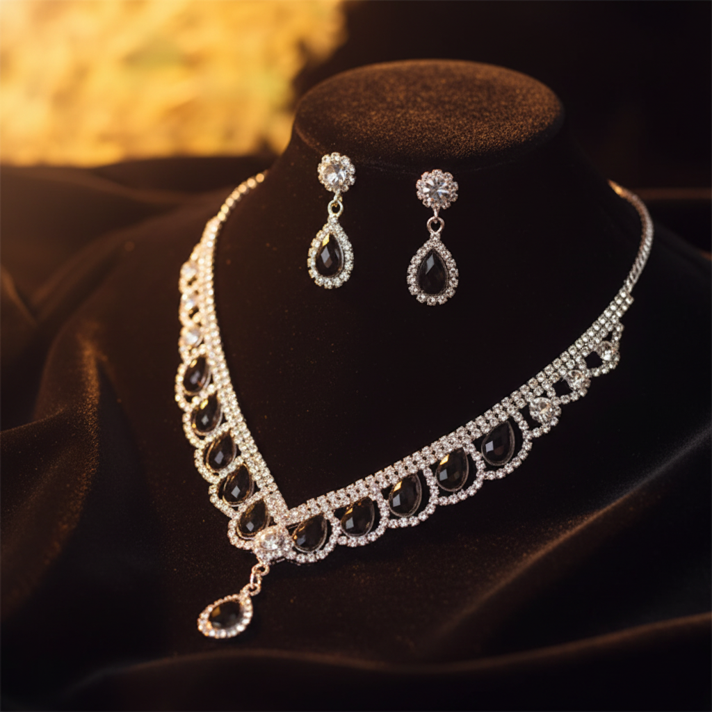 Silver Black Stone Jewelry Set on Dark Velvet