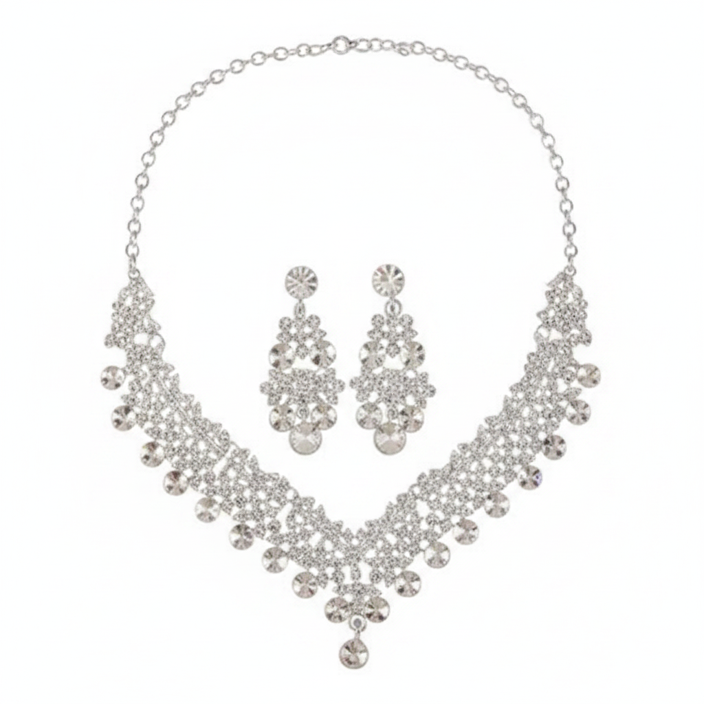Silver Crystal Cluster Jewelry Set - White Background