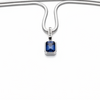 Silver Herringbone Chain Navy Blue Sapphire Pendant Necklace - White Background