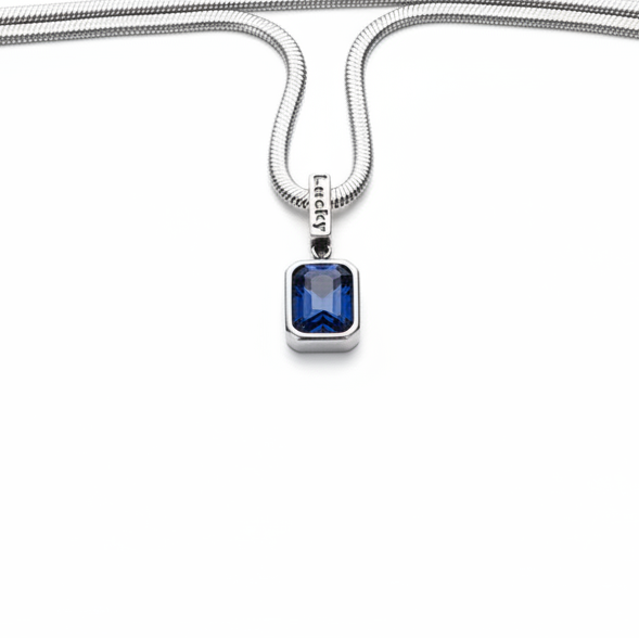 Silver Herringbone Chain Navy Blue Sapphire Pendant Necklace - White Background