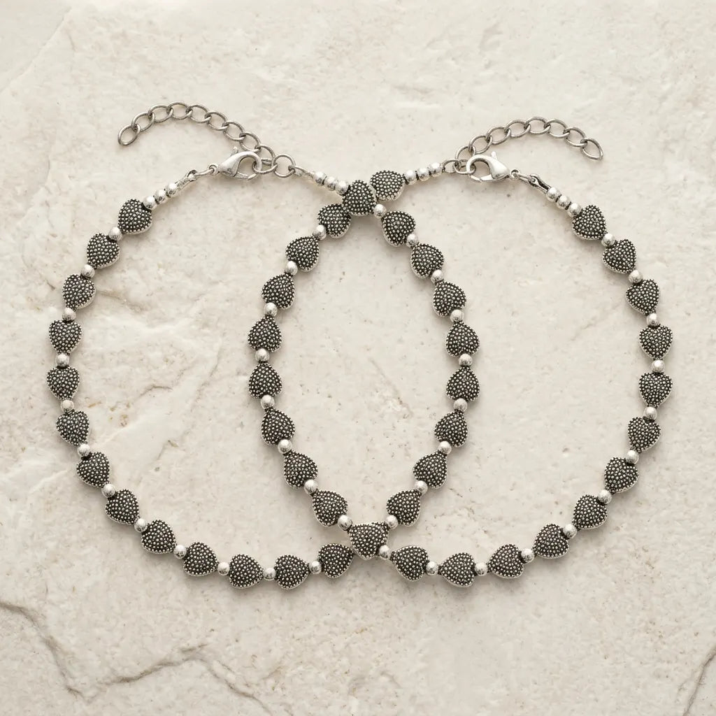 Antique Silver Heart Charm Layered Anklets Pack
