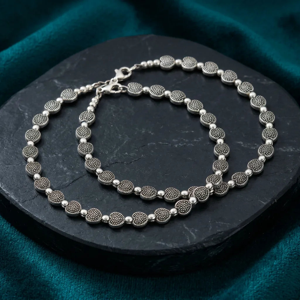 Antique Silver Heart Charm Layered Anklets Pack
