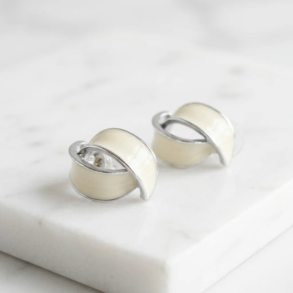 Modern Cream Sculpted Ribbon Enamel Earrings