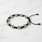 Silver Cherry Blossom Black Onyx Macrame Cord Bracelet