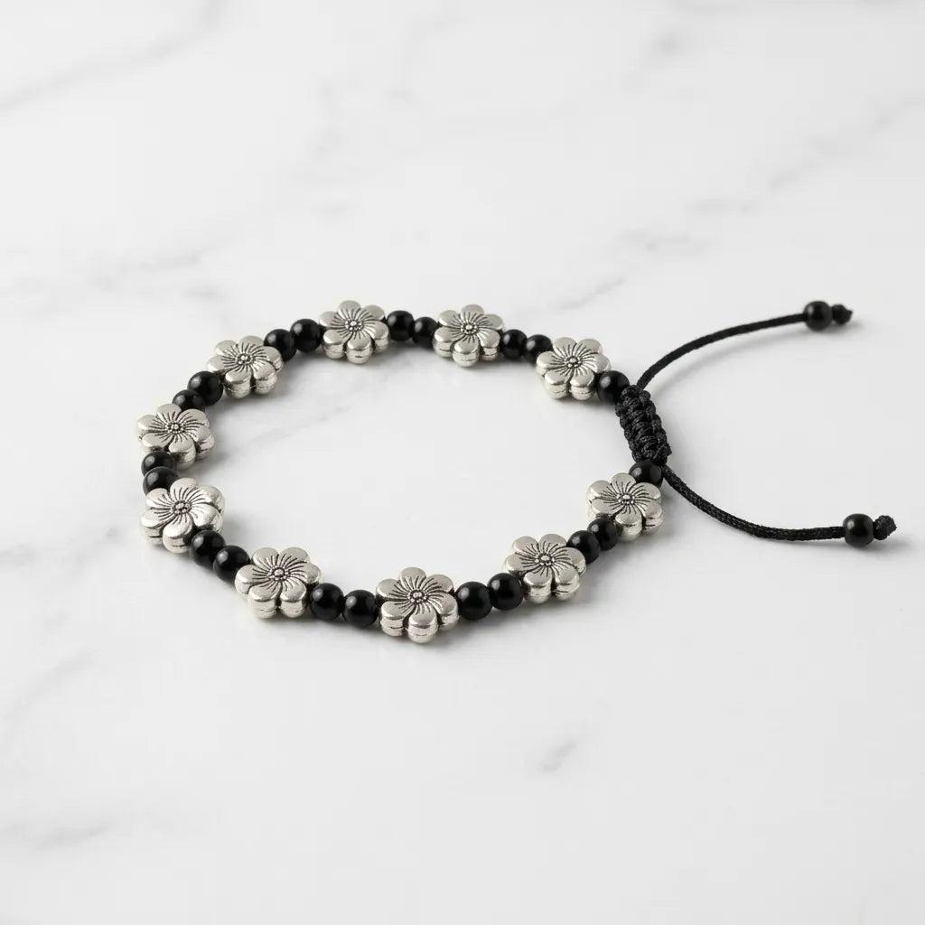 Silver Cherry Blossom Black Onyx Macrame Cord Bracelet