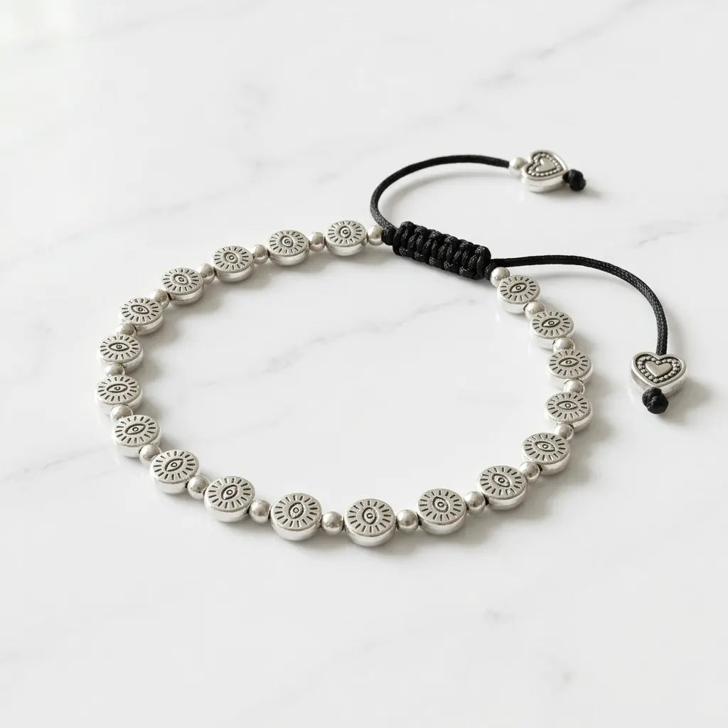 Silver Sun & Heart Accent Macrame Sliding Cord Bracelet