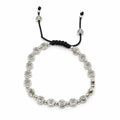 A silver beaded bracelet with circular sun motifs and a black adjustable cord closure, shown on a plain white background.