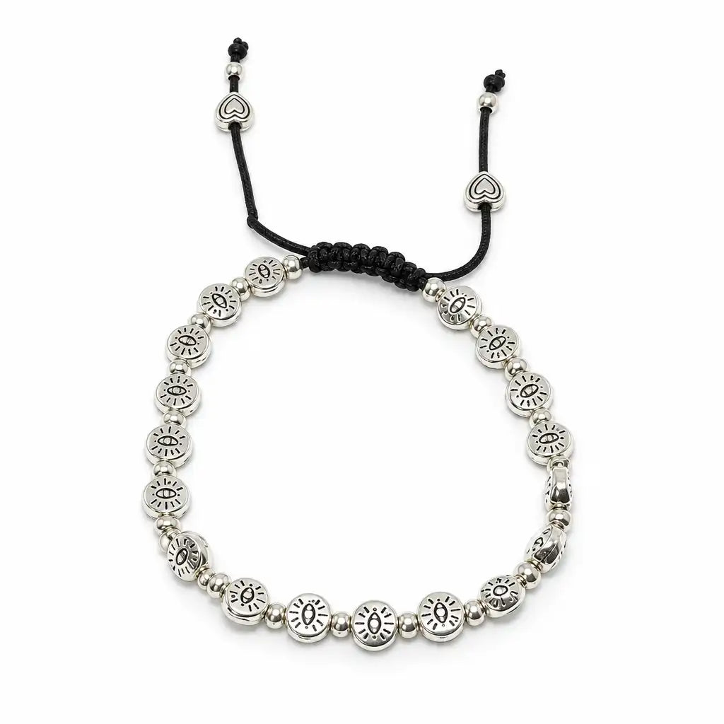 A silver beaded bracelet with circular sun motifs and a black adjustable cord closure, shown on a plain white background.