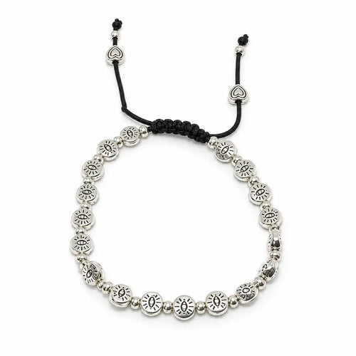 A silver beaded bracelet with circular sun motifs and a black adjustable cord closure, shown on a plain white background.