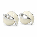 A pair of modern curved hoop earrings with a glossy cream-colored resin center and polished silver-tone metal borders, shown on a clean white background.