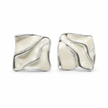 A pair of square stud earrings with a wavy, fluid design, featuring a glossy cream-colored inlay set in a polished silver-tone metal, shown against a plain white background.