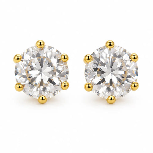 A pair of round-cut diamond stud earrings in a six-prong yellow gold setting, shown on a clean white background.